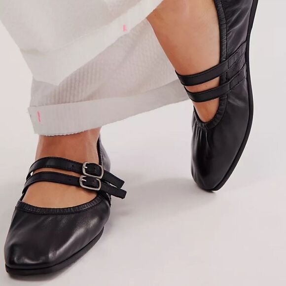 Free People Shoes - NIB New Free People Black Leather Gemini Ballet Flats w/Silver Buckles Sz 7.5